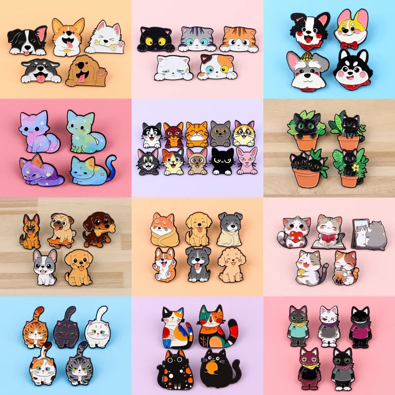 Set of Cute Animal Enamel Pins for Women - Cat & Dog Cartoon Brooches for Backpack & Clothing
