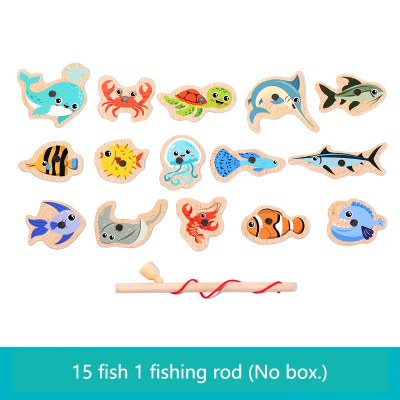 Wooden Magnetic Fishing Toys for Children Marine Life Learning Interactive Baby Game