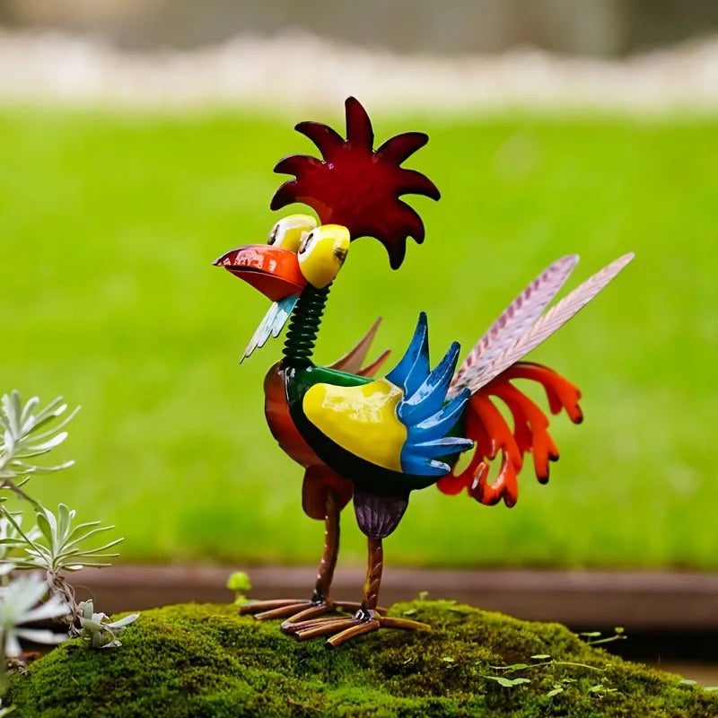 Funny Chicken Metal Garden Statue - Rooster Yard Decor Figurine