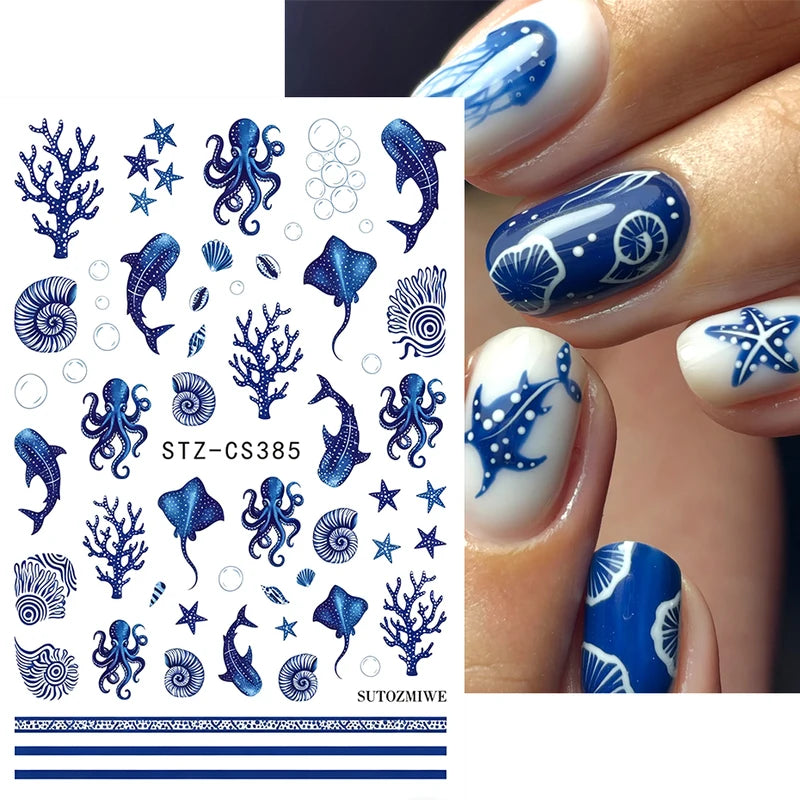 Ocean Nail Art Stickers Set - Whale Octopus Seashells Summer Manicure Decorations