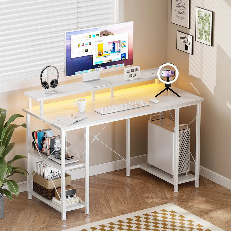 48-Inch Computer Desk with Shelves Drawers and LED Lighting - Office Gaming Table with Power Outlets