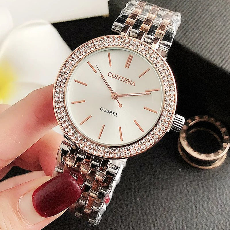 Luxury Women's Fashion Quartz Watch with Rhinestones and Stainless Steel Band