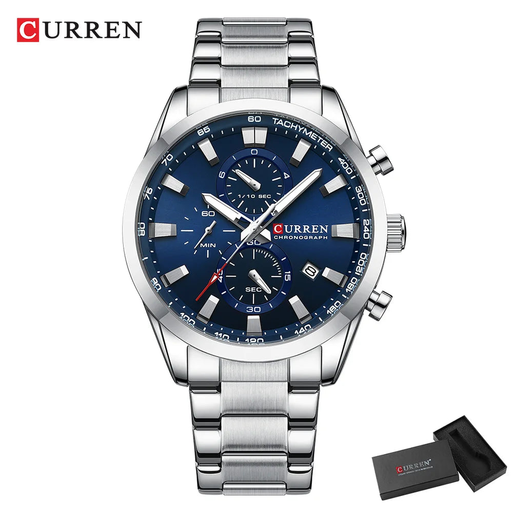 CURREN Quartz Chronograph Sport Watch for Men - Stainless Steel Band, Multifunction Dial