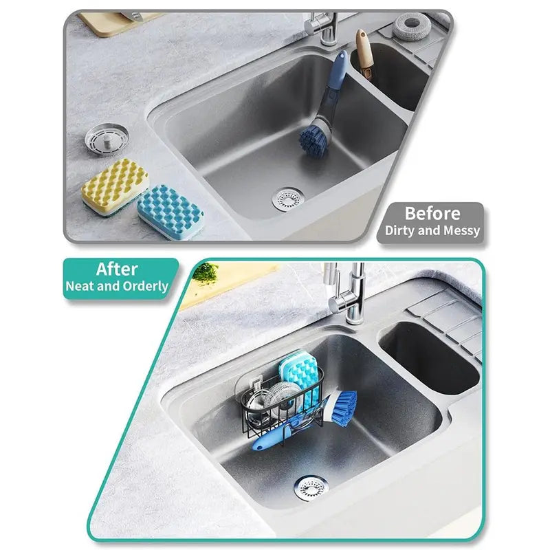 Stainless Steel Sink Sponge Holder with Suction Cups & Hook - Fast Drainage Kitchen Organizer