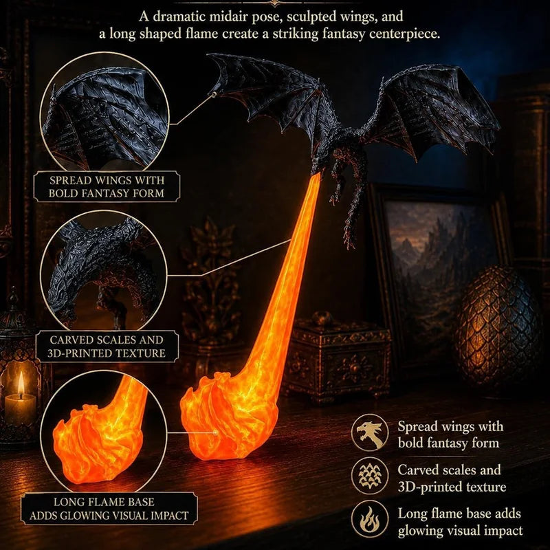 Fire Breathing Dragon Book Nook Light - 3D Printed Flying Dragon Shelf Decor