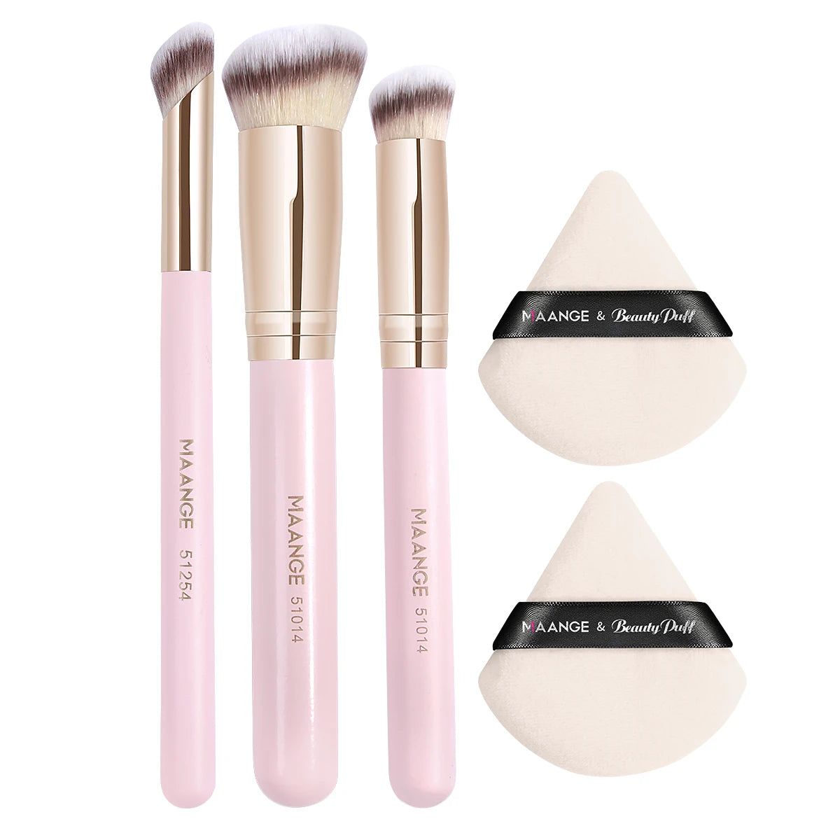 Makeup Brush Set & Powder Puff Kit - 3 Brushes + 2 Puffs, Various Handle Colors