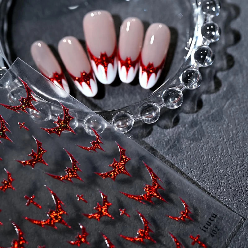 Halloween Red Bat Nail Art Stickers for French Design DIY Embossed Glitter Decals