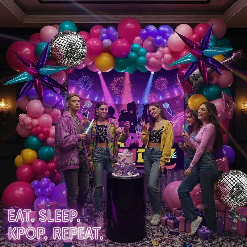 Kpop Music Hunter Birthday Decorations Party Supplies Pink Purple Teal Yellow Guitar Notes Star Disco Balloons