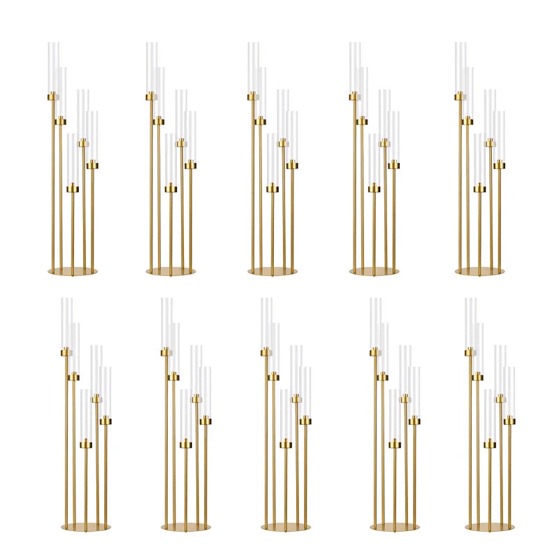 Gold 5-Arm Floor Candle Holders Set with Acrylic Shades for Weddings & Events