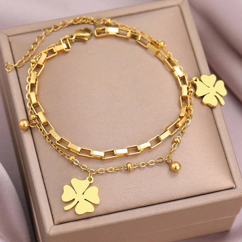 Trendy Stainless Steel Bracelets for Women Beaded Layer Chain Jewelry Festive Gift