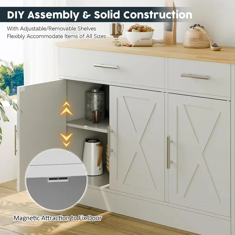 Kitchen Buffet Sideboard Cabinet with 3 Doors & 2 Drawers - White Storage for Living Room