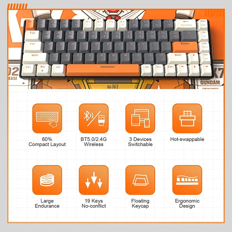 Wireless Mechanical Gaming Keyboard RK68 60% Hot-Swappable Bluetooth 5.0 & 2.4GHz