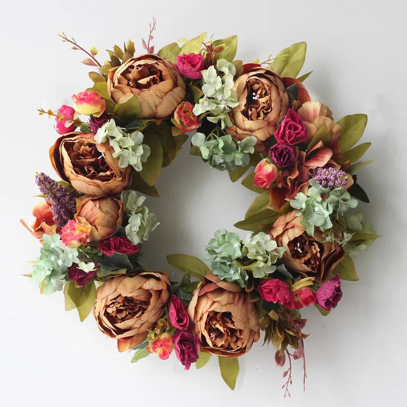 Artificial Peony Wreath Door Decoration - 40cm Silk Flower Wall Hanging for Wedding & Home Decor