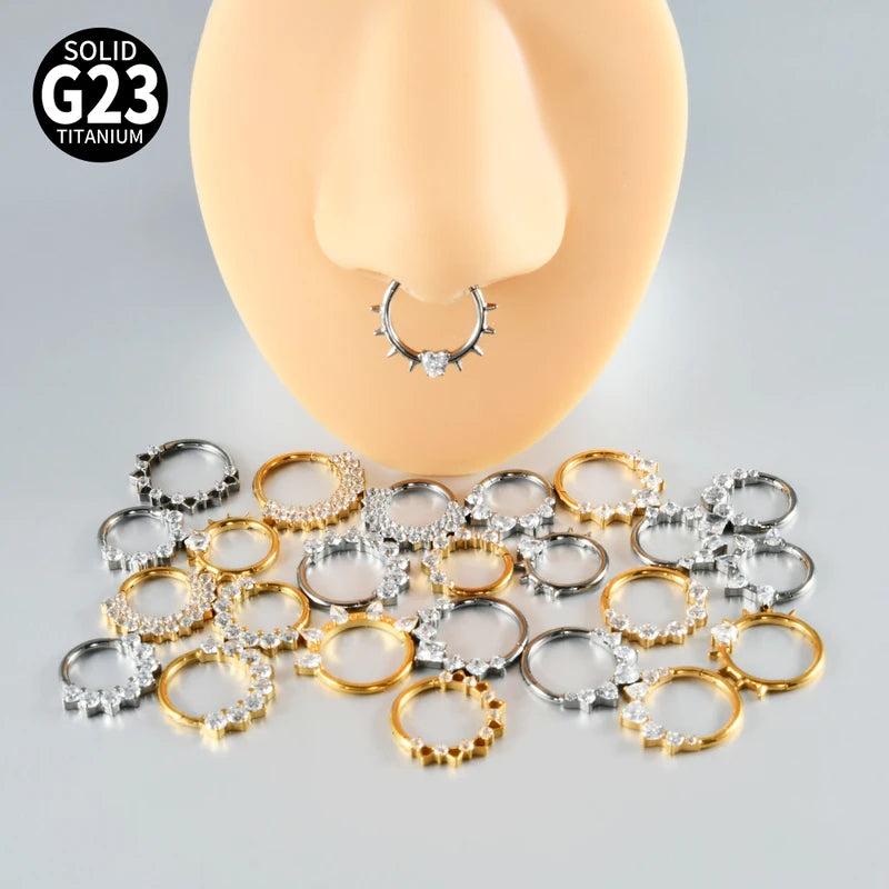 Titanium Septum Nose Ring 16G Hinge Clicker with Zircon Stone - Body Jewelry