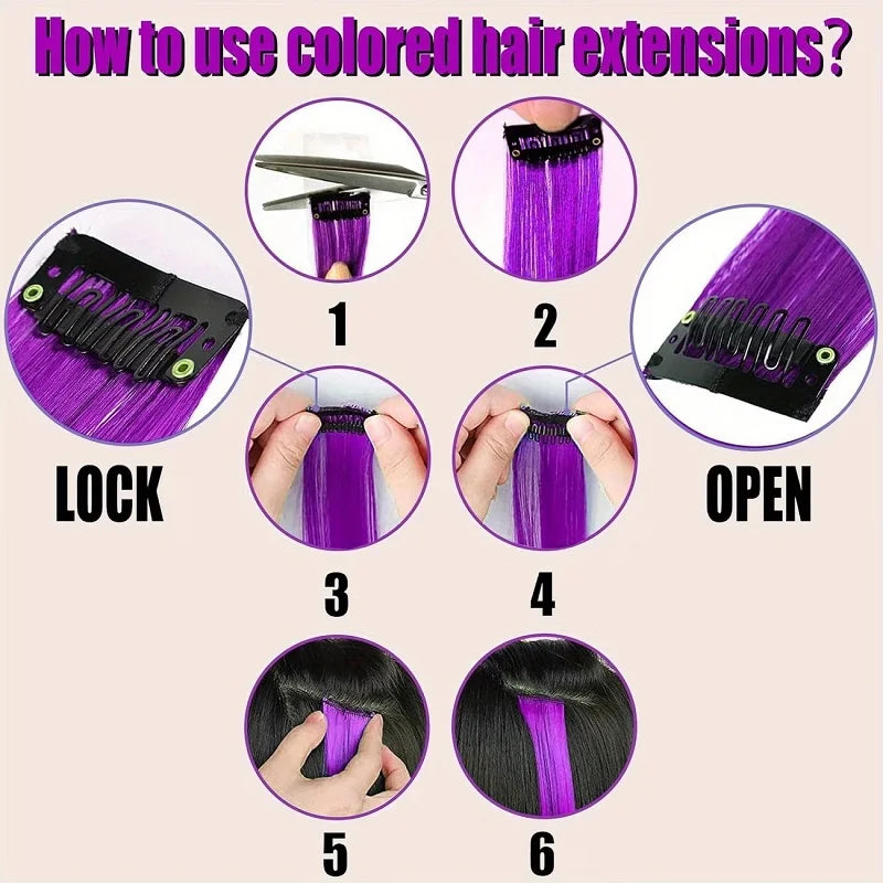 20-Inch Synthetic Colorful Clip-In Hair Extensions Set - Long Straight Hairpieces for Women