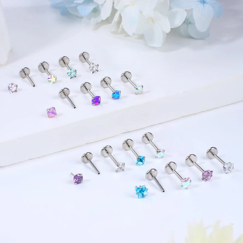16-Piece Surgical Steel Threadless Jewelry Set for Ear Lip Nostrils - 3mm Crystal Opal