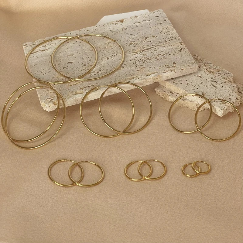 Minimalist Stainless Steel Hoop Earrings for Women – 12-70mm Round Gold or Silver Plated Jewelry