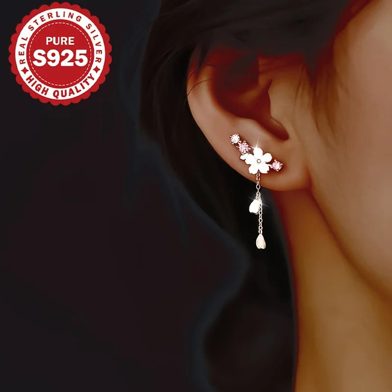 Sterling Silver Sakura Tassel Earrings - Elegant Korean Style Jewelry, Allergy-Free
