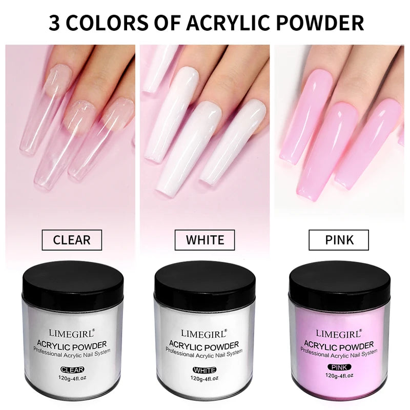 120g Acrylic Nail Powder Set - Clear Pink White Colors Nail Art Builder Tips