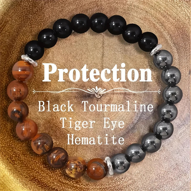 Triple Protection Crystal Bracelet with Tiger Eye, Black Obsidian & Hematite – 8mm Healing Gemstone Stretch Jewelry