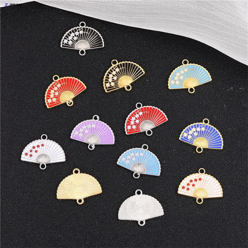 15pcs Enamel Fan Charms Connectors Sakura Pattern Jewelry Making Pendants
