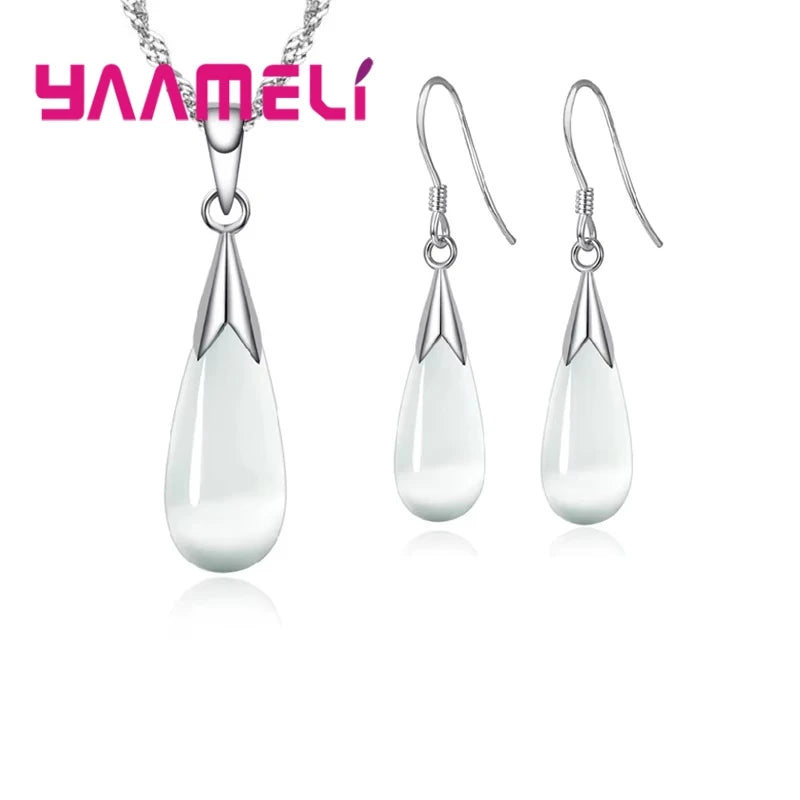 Sterling Silver Water Drop Opal Necklace & Earrings Jewelry Set - Wedding & Party