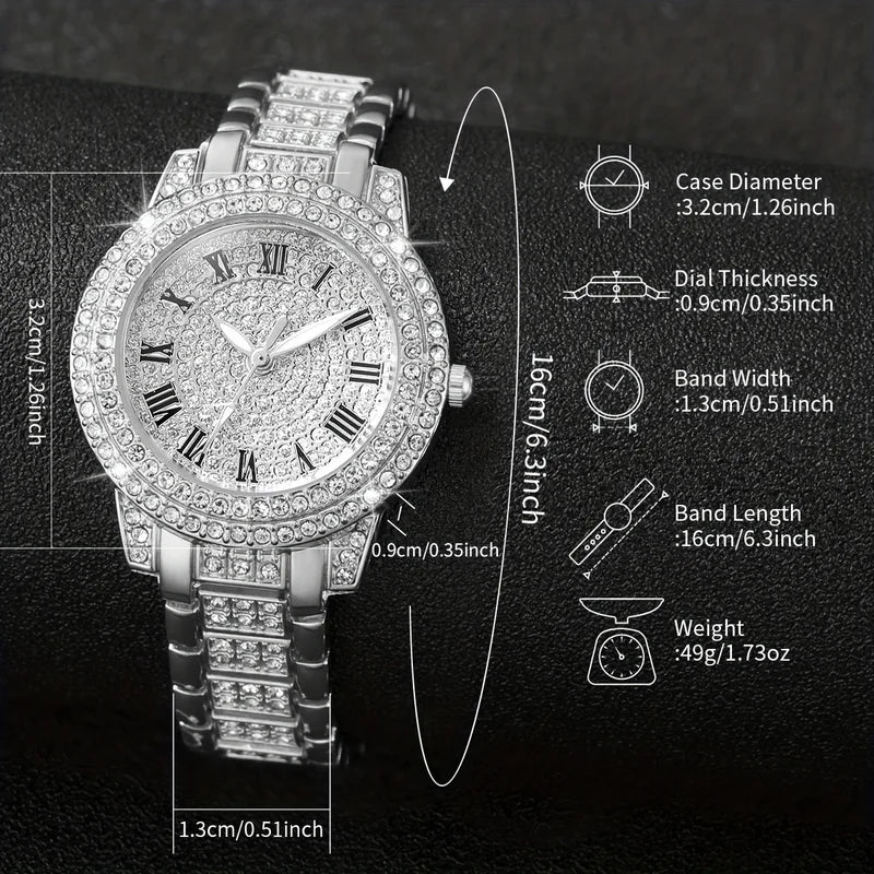 Women's Luxury Rhinestone Stainless Steel Quartz Watch and Heart Bracelet Set