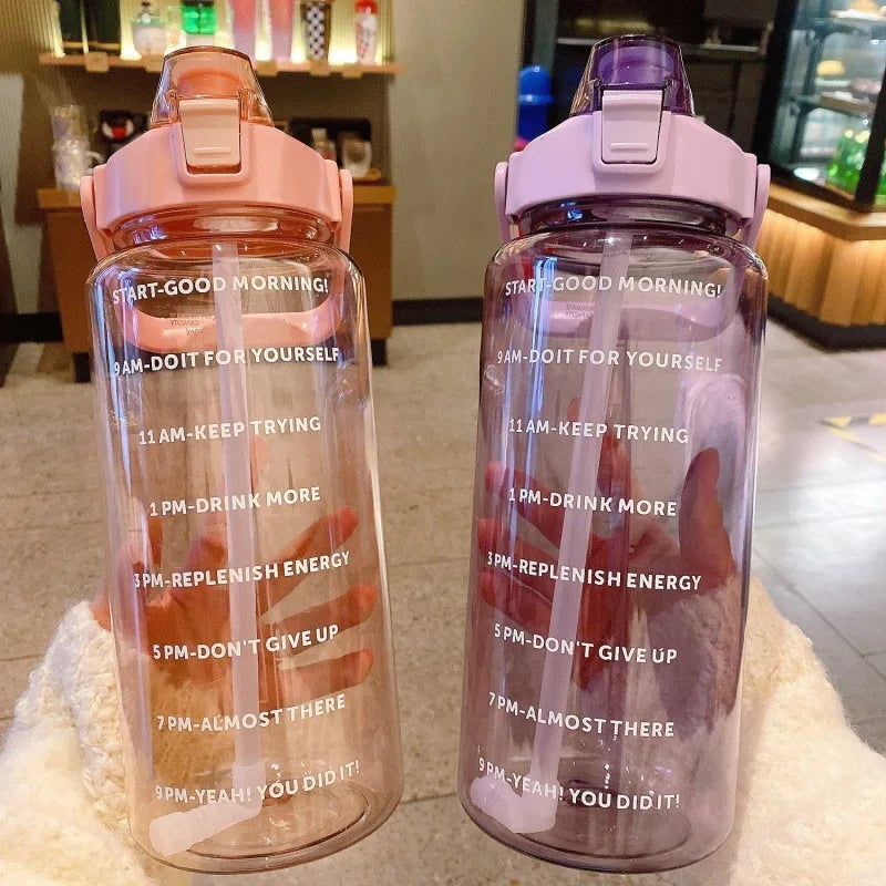 Large 2L Plastic Water Bottle with Motivational Time Markers & Silicone Straw