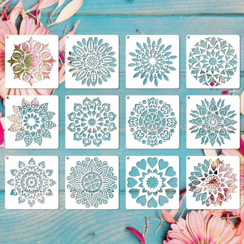 12-Piece Mandala Dotting Stencils Kit - Reusable & Washable Painting Templates for DIY Home Decor and Crafts