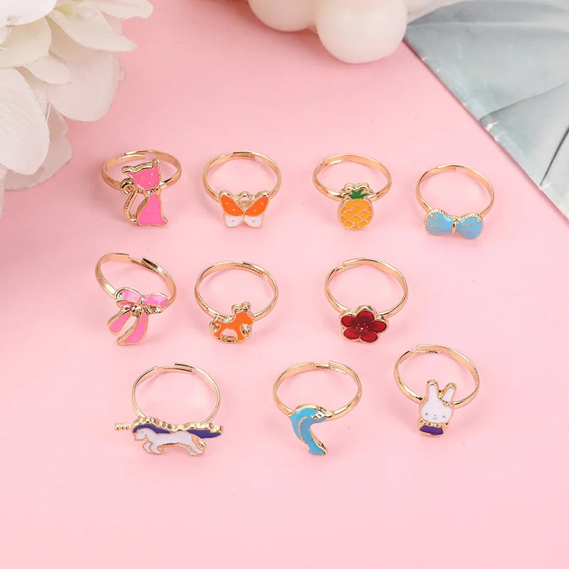 Kids Adjustable Animal Jewelry Rings Set - Cartoon Crystal Open Finger Rings for Children & Girls
