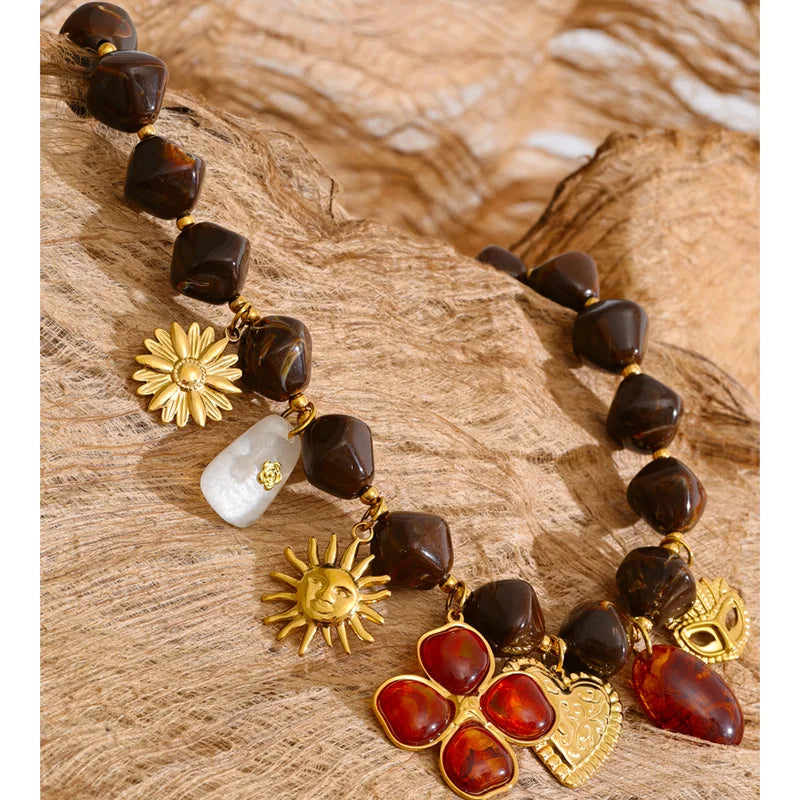 Handmade Resin Flower Heart Sun Pendant Necklace - Waterproof Stainless Steel Chain