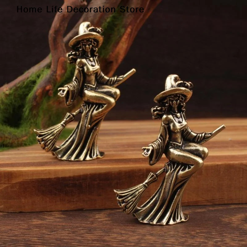 Miniature Brass Witch Ornament for Home Decor, Halloween Magic Theme