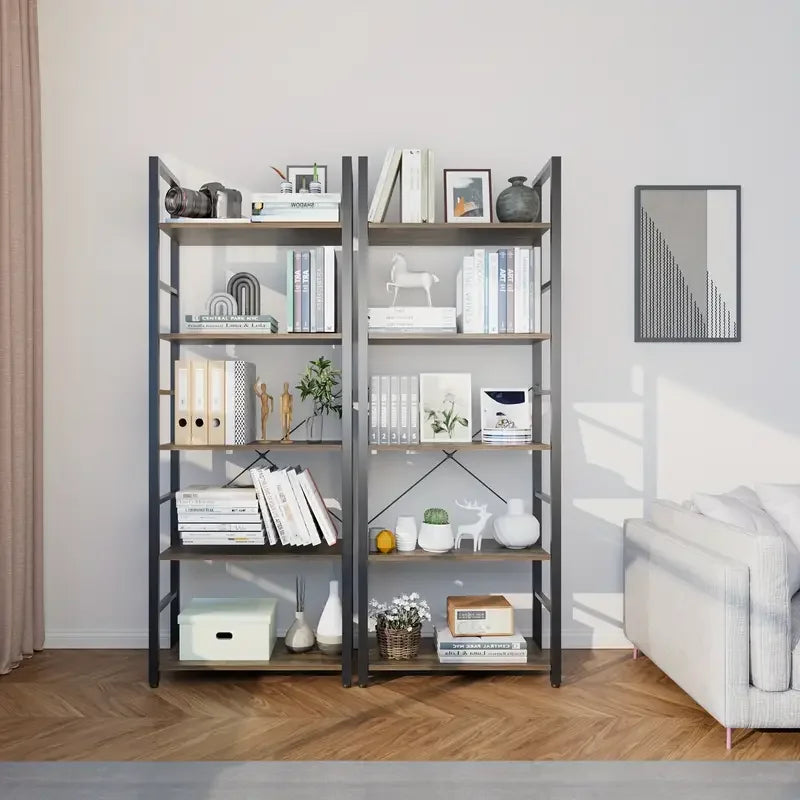 5-Tier Bookshelf Storage Organizer - Vintage Home Office & Living Room Shelving Unit
