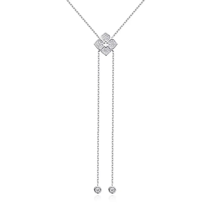 Sterling Silver Moissanite Flower Necklace with Long Chain Wedding Jewelry