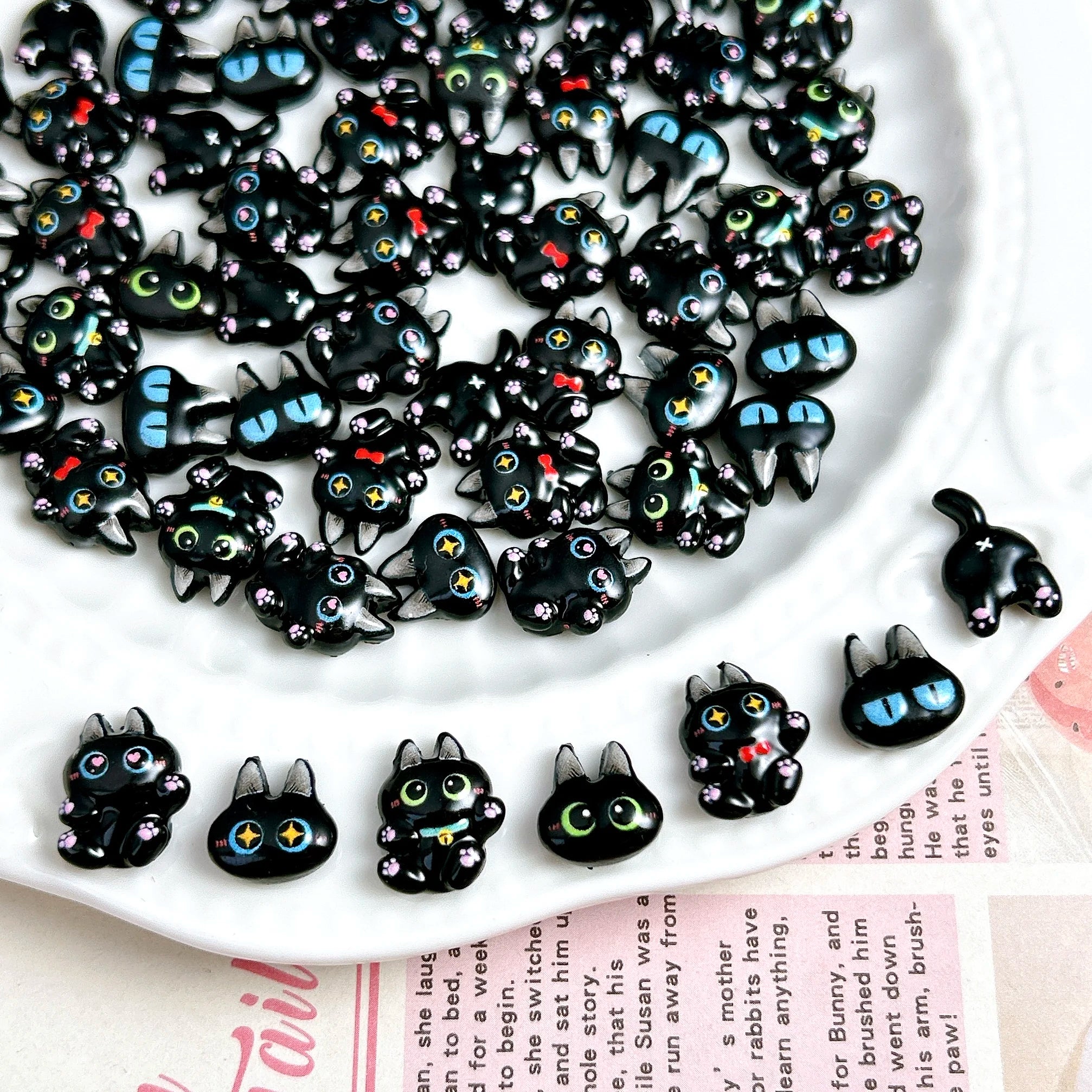 30PCS Kawaii Black Cat Resin Nail Charms Luminous Nail Art Decorations