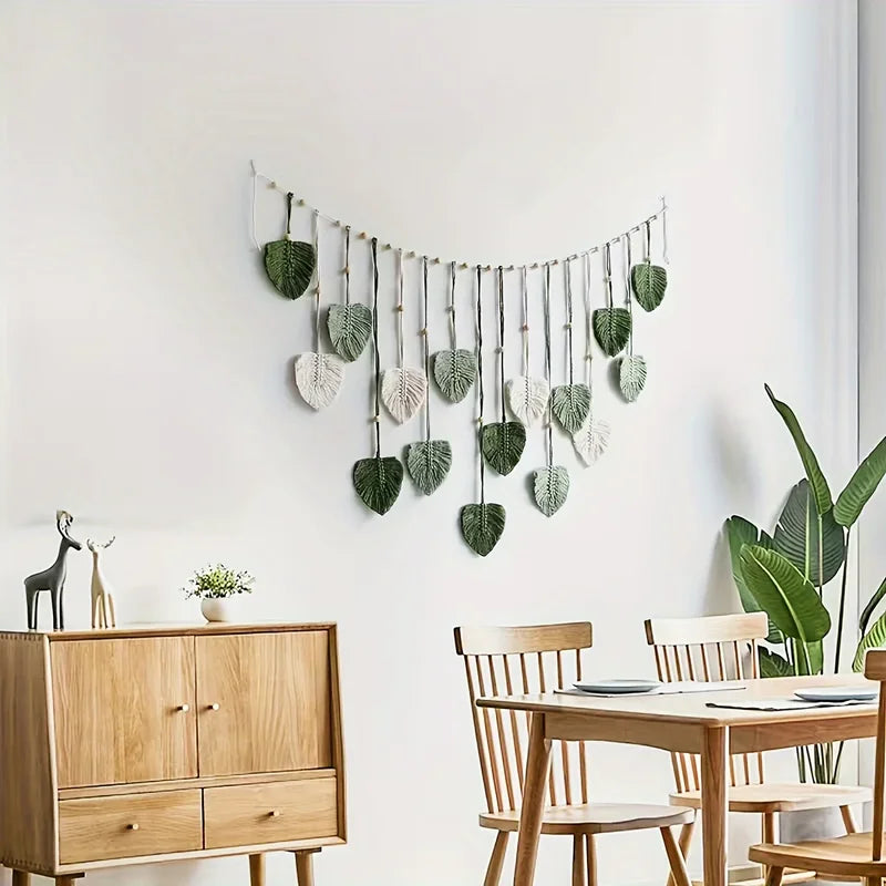 Woven Wall Decor with Green Leaves and Feathers - Bohemian Style Home Art