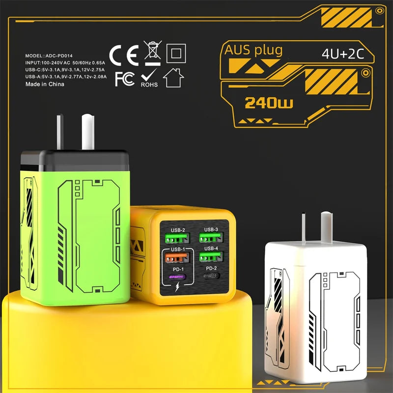 240W GaN Fast Charger with 6 USB-C Ports & Data Cable for Smartphones