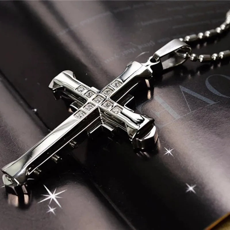 Men's Crystal Cross Pendant Necklace Stainless Steel Jewelry 2024