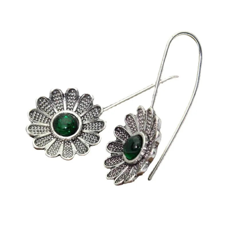 Vintage Green Flower Earrings for Women Silver Jewelry Gift