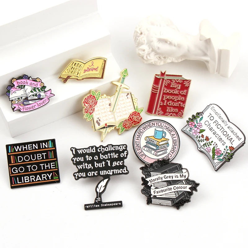 Cute Book Collection Enamel Pins Set - Letters Flowers Library Badge Brooch Jewelry Gift