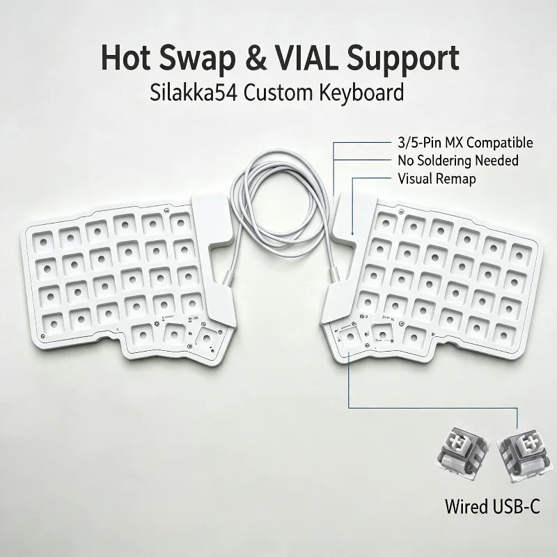 Split Mechanical Keyboard Kit - Hot Swappable, Programmable, Ergonomic 54-Key Layout