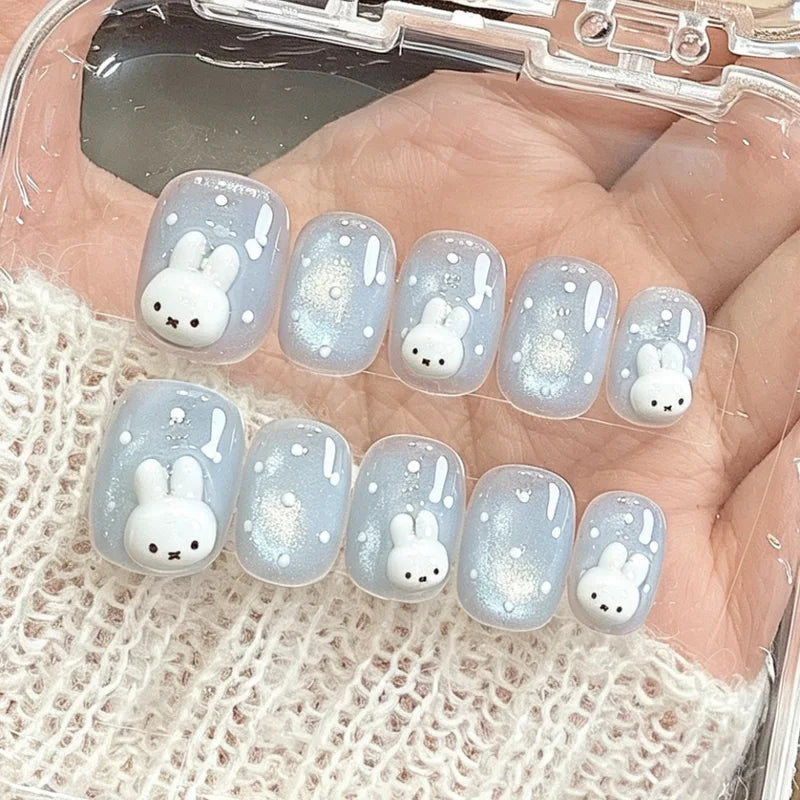 30Pcs Short Square False Nails with Light Blue Cat Eye and Glitter Decor - Wearable Nail Tips for Women