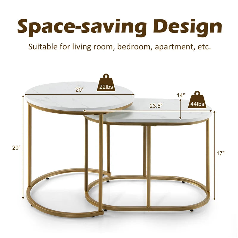 Nesting Coffee Tables Set of 2 Modern Marble & Metal Side Tables for Living Room