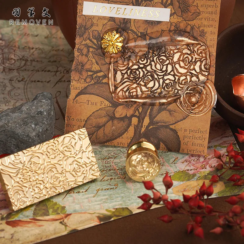 Wood Grain Flower Wax Seal Stamp Square Copper Head for Cards Envelopes Gift