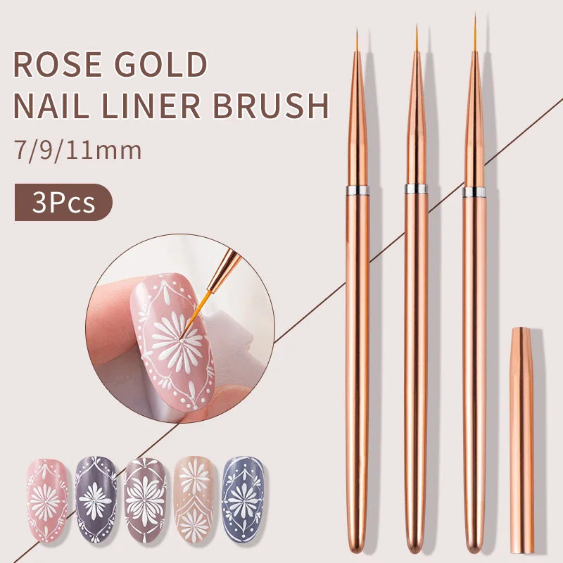 Rose Gold Nail Art Brushes Set - Fine Line & Flower Painting Manicure Tools
