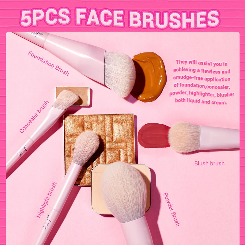 Pink Makeup Brush Set 14pcs - Vegan Face & Eye Cosmetics Tools