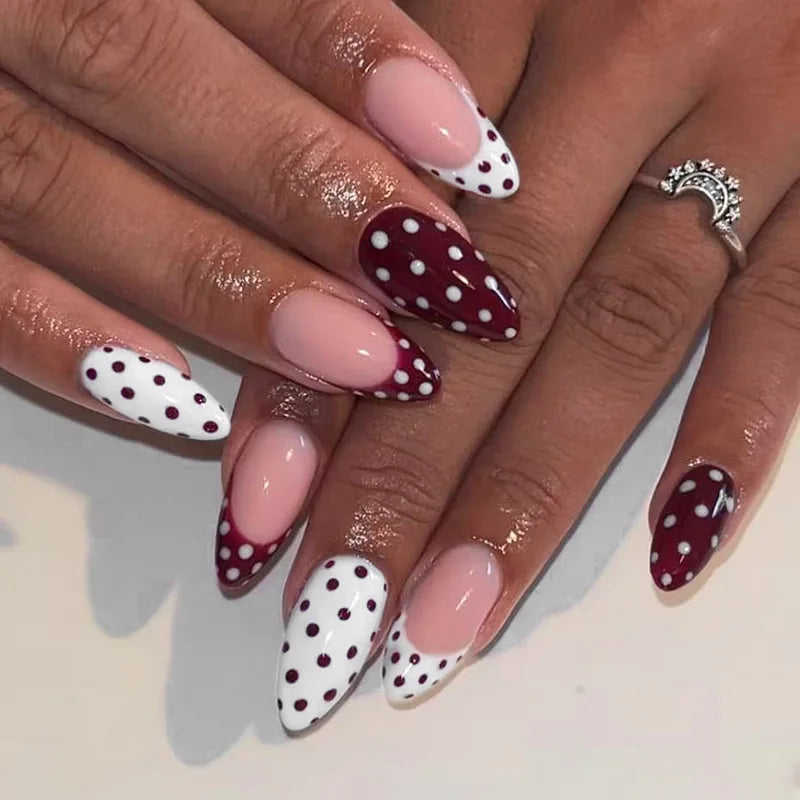 24Pcs Short Almond Fake Nail Set with French Tips & Polka Dots - Full Nude Colors