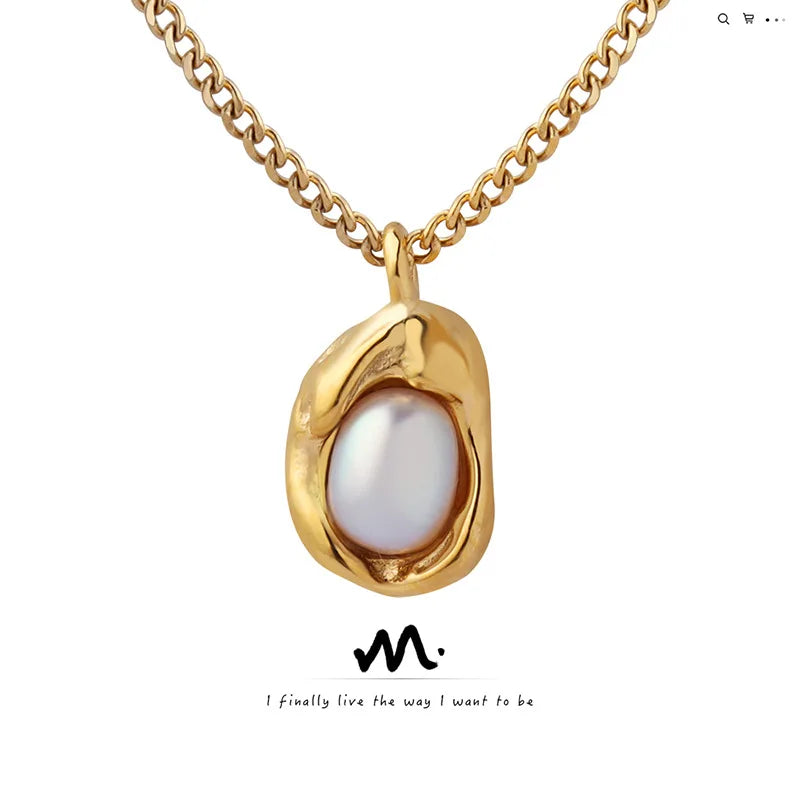 Pearl Pendant Necklace for Women Luxury Stainless Steel Cuban Chain Jewelry