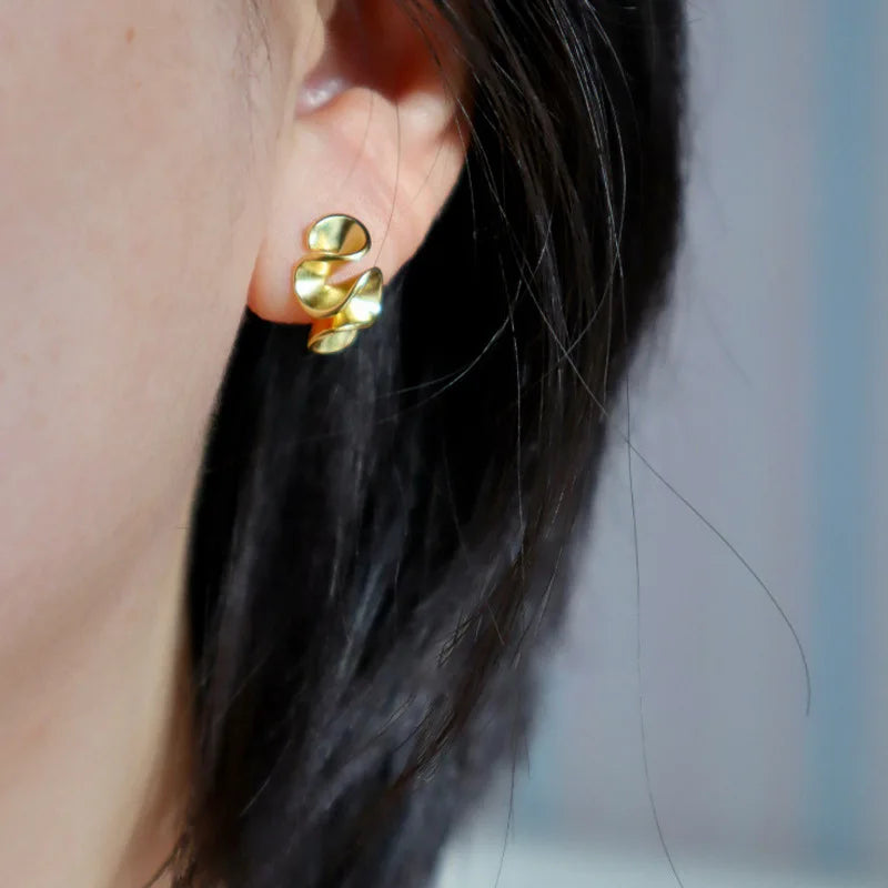 Geometric Pleated Flower Stud Earrings for Women Minimalist Gold Silver Jewelry