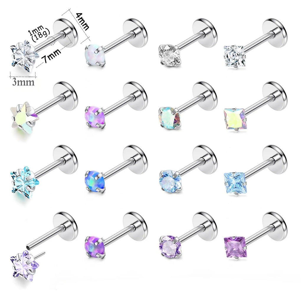 16-Piece Surgical Steel Threadless Jewelry Set for Ear Lip Nostrils - 3mm Crystal Opal